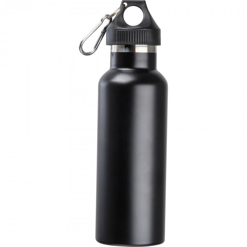Doppelwandige Vakuum Trinkflasche aus Edelstahl mit Karabiner / Farbe: schwarz