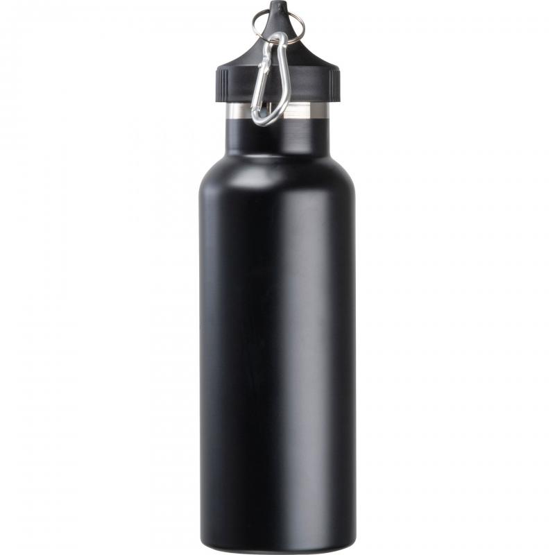 Doppelwandige Vakuum Trinkflasche aus Edelstahl mit Karabiner / Farbe: schwarz