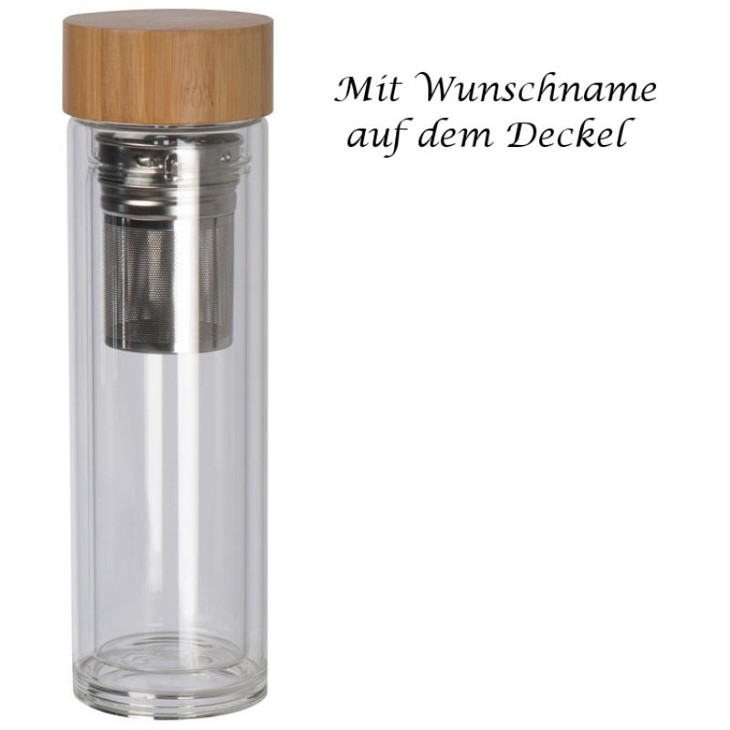 Doppelwandige Vakuum Trinkflasche mit Gravur / aus Glas mit Bambus-Deckel / 420ml