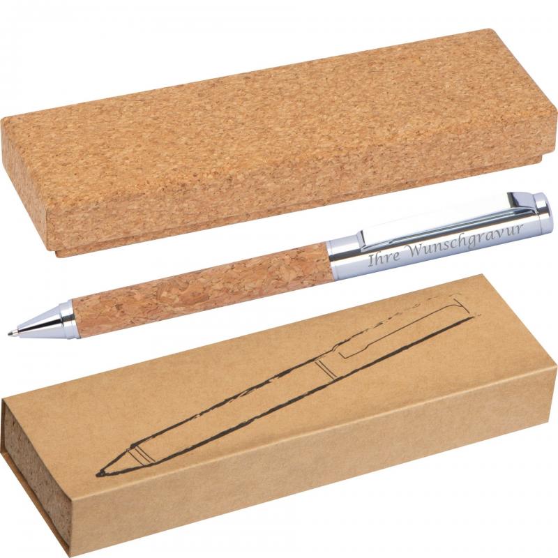Drehkugelschreiber mit Gravur / aus Metall mit Korkummantelung und Kork-Etui