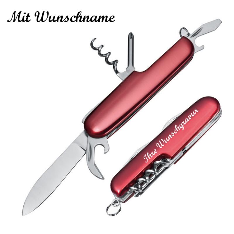 Edles 7-teiliges Aluminium Taschenmesser mit Namensgravur - Farbe: rot