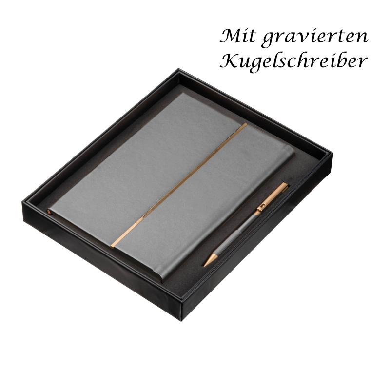 Edles Set mit Notizbuch + Kugelschreiber mit Gravur / Geschenkkarton / anthrazit