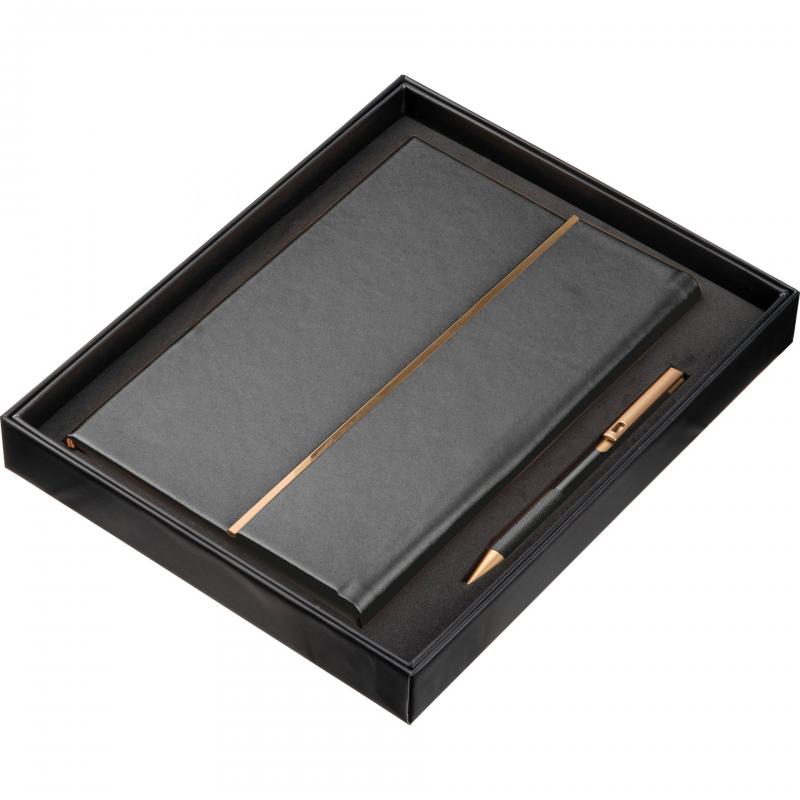 Edles Set mit Notizbuch und Kugelschreiber mit Gravur / Geschenkkarton / schwarz