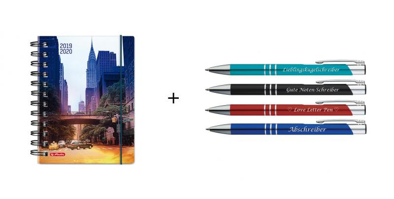 Herlitz Schülerplaner 2019 - 2020 / A6 "New York" + 4 Kugelschreiber mit Gravur