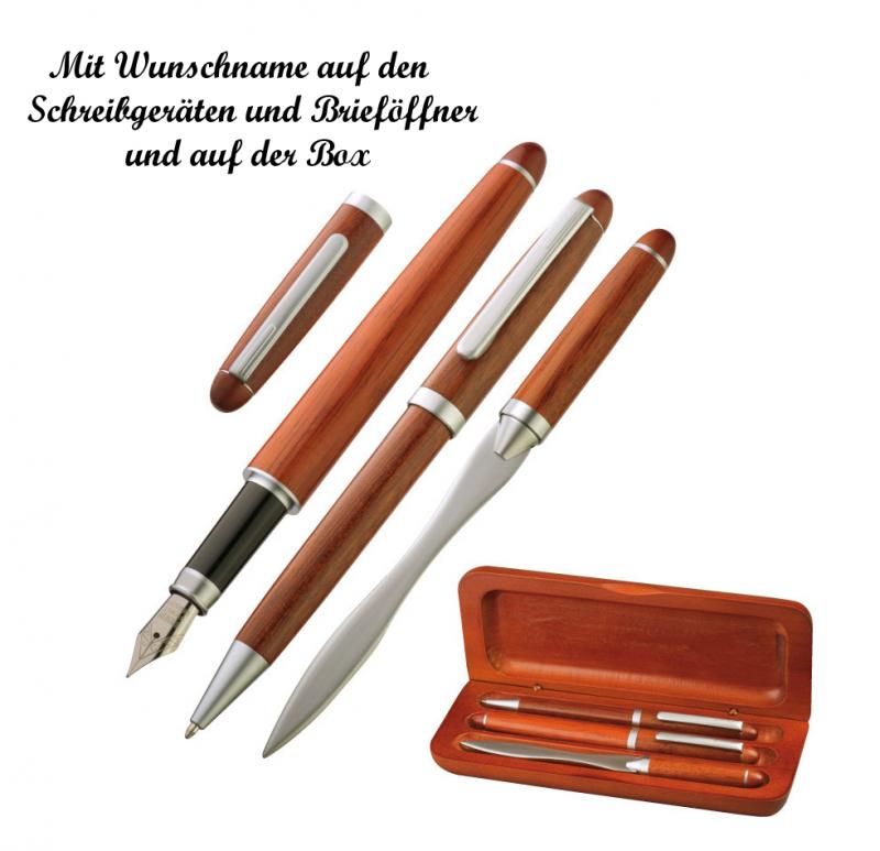 hochwertiges Holz-Schreibset mit Namensgravur -Kugelschreiber,Brieföffner,Füller