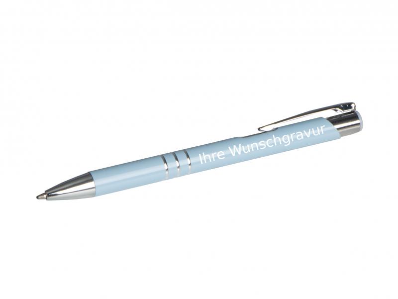 Kugelschreiber aus Metall mit Gravur / Farbe: pastell blau