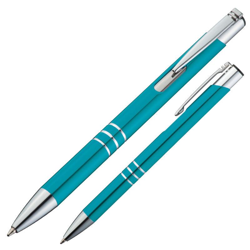 Kugelschreiber aus Metall mit Gravur / mit Pappetui / Farbe: türkis