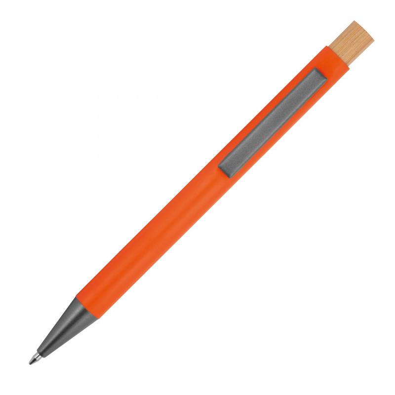 Kugelschreiber aus recyceltem Aluminium mit Bambusdrücker / Farbe: orange