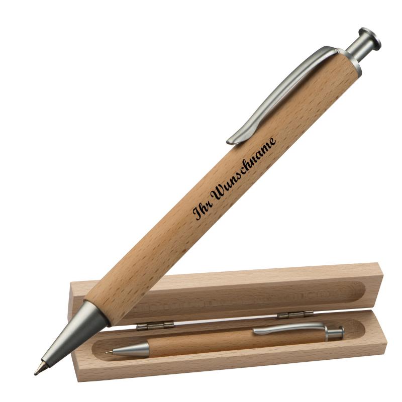 Kugelschreiber mit Namensgravur - aus Buchenholz - in einem Etui