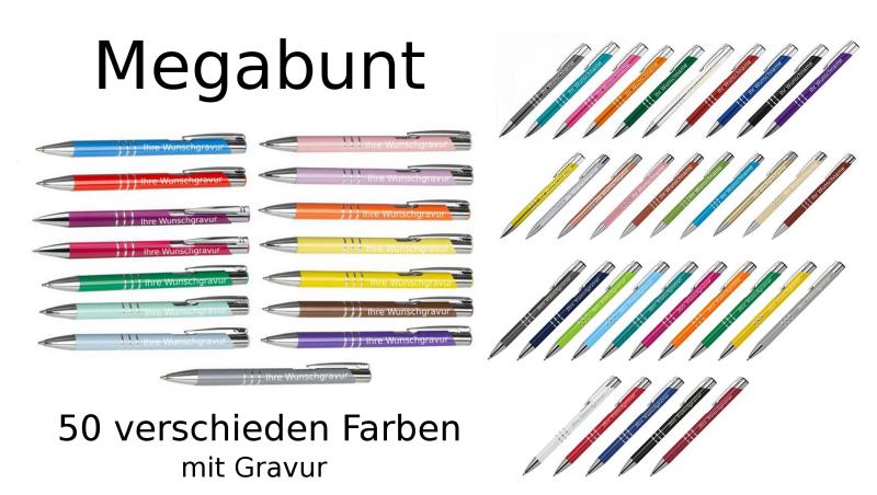 MEGABUNT 50 Metall-Kugelschreiber mit 50 verschiedene Farben mit Gravur