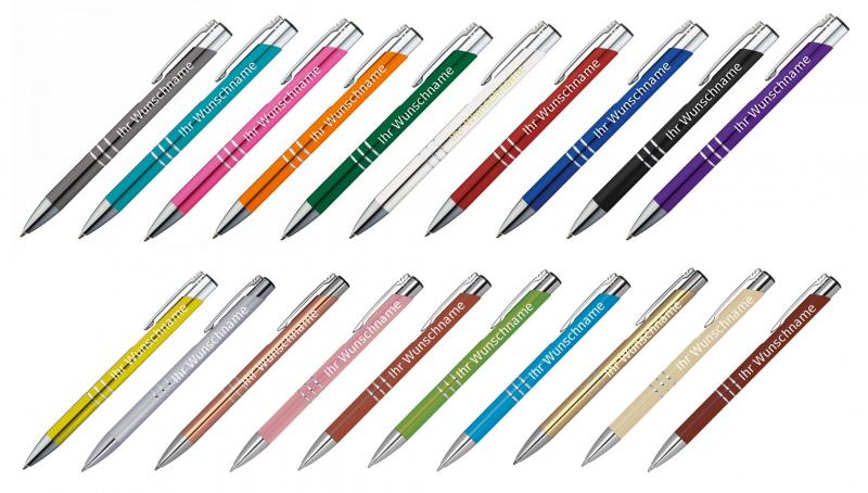 MEGABUNT 50 Metall-Kugelschreiber mit 50 verschiedene Farben mit Gravur