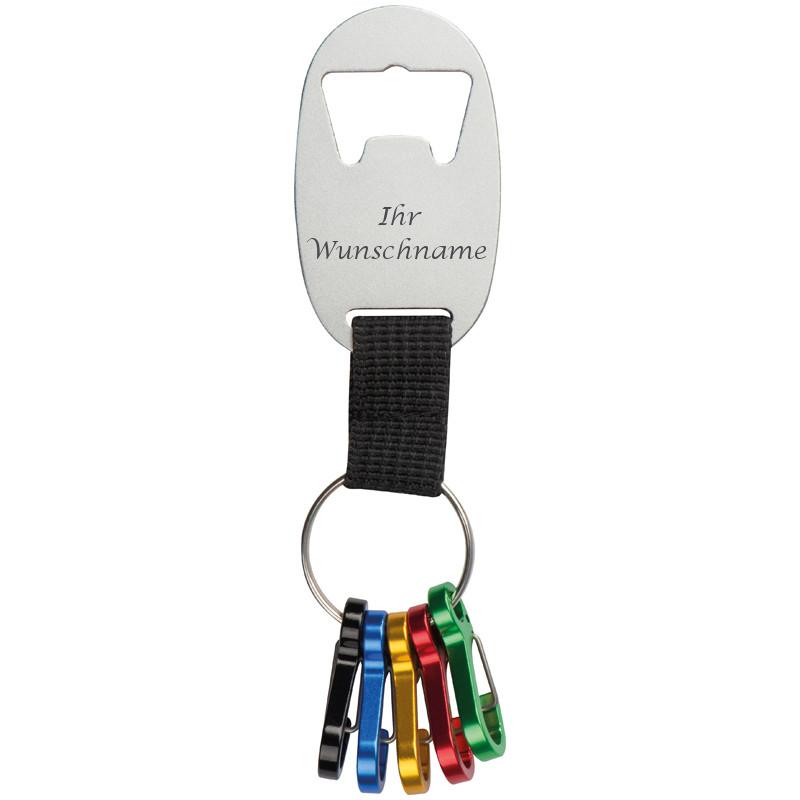 Metall-Schlüsselanhänger mit Gravur / mit Flaschenöffner und 5 Minikarabinern