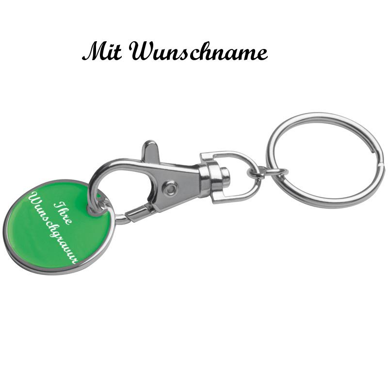 Metall Schlüsselanhänger mit Namensgravur - mit Einkaufschip - Farbe: grün
