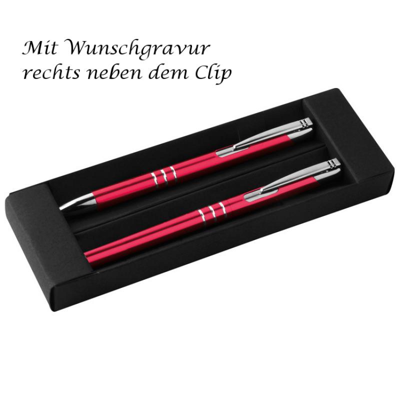 Metall Schreibset mit Gravur / Kugelschreiber + Rollerball / Farbe: rot