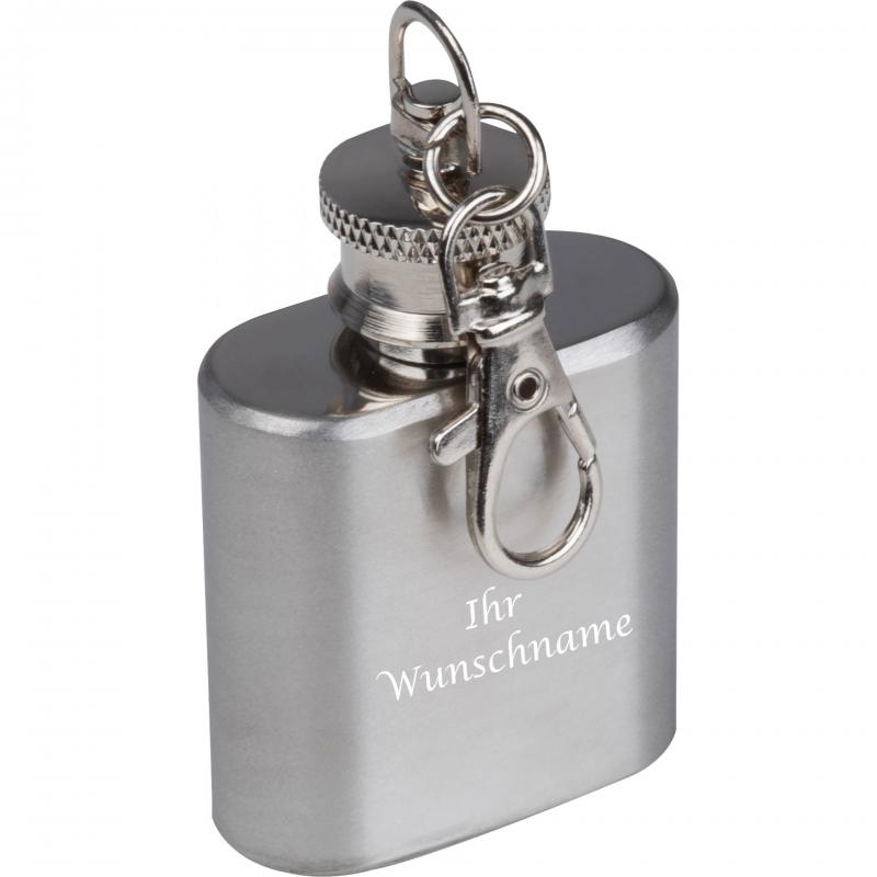 Mini Flachmann mit Schlüsselanhänger mit Gravur / aus Edelstahl / 30 ml