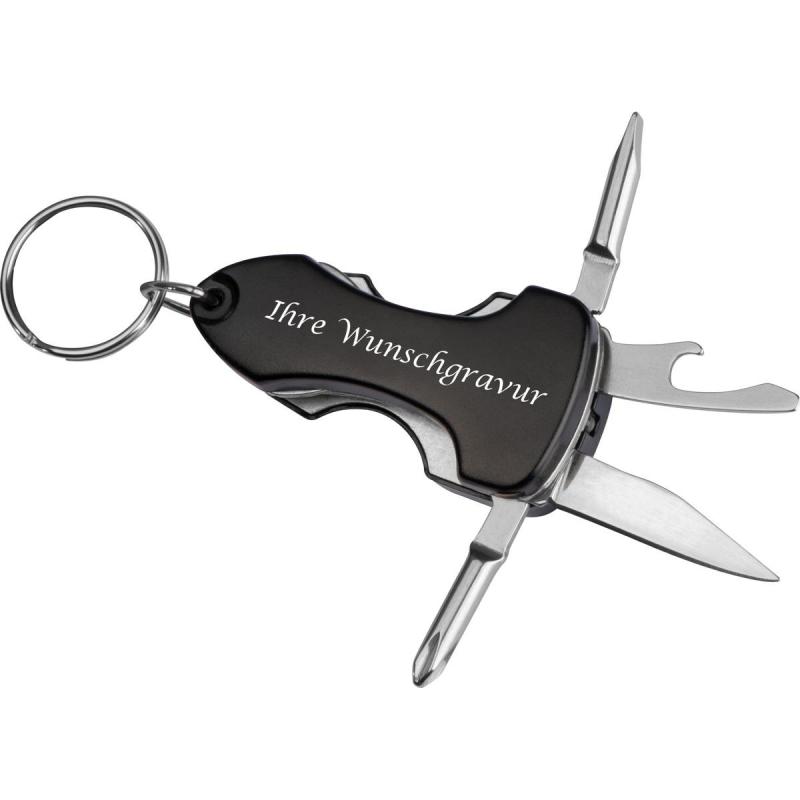 Multitool mit Gravur / mit LED und Schlüsselanhänger / Taschenmesser / schwarz