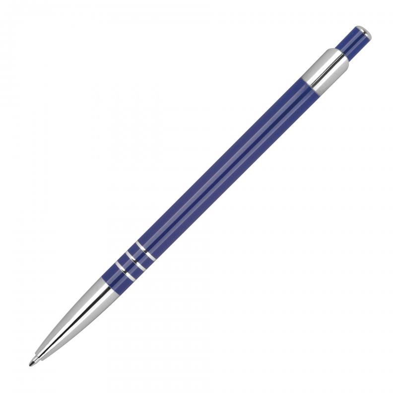 Schlanker Kugelschreiber aus Metall mit Gravur / Farbe: blau