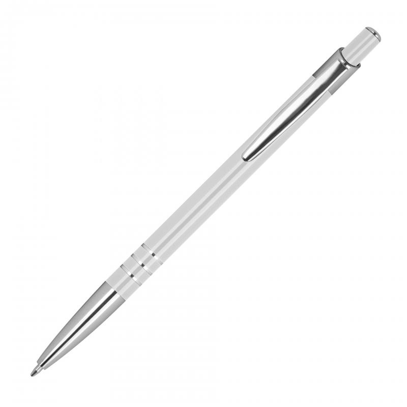 Schlanker Kugelschreiber aus Metall mit Gravur / Farbe: weiß