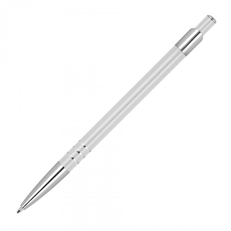 Schlanker Kugelschreiber aus Metall mit Gravur / Farbe: weiß