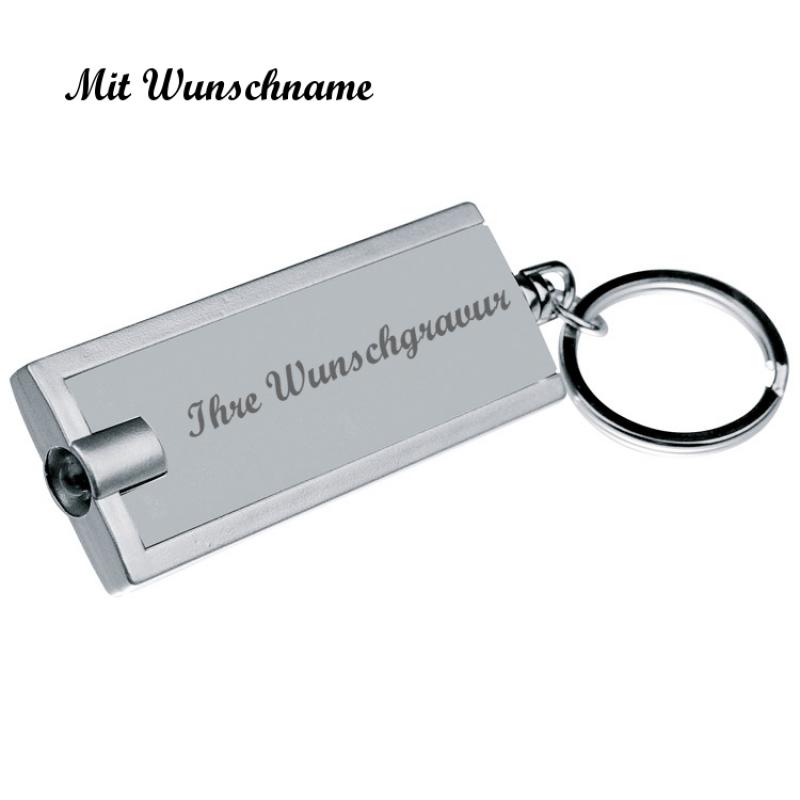 Schlüsselanhänger mit LED Taschenlampe mit Namensgravur - Farbe: grau/silbergrau