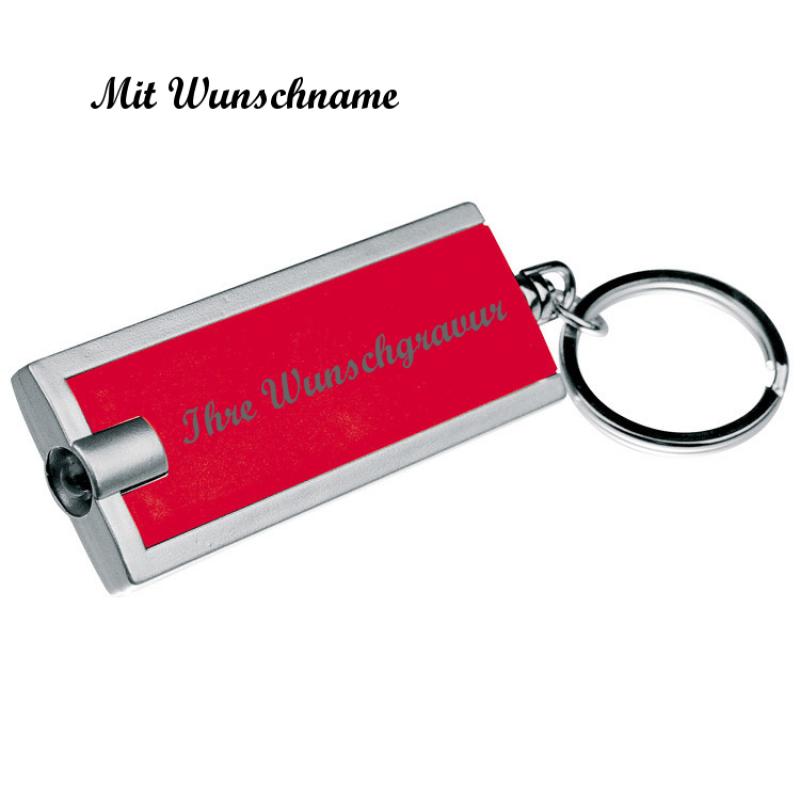 Schlüsselanhänger mit LED Taschenlampe mit Namensgravur - Farbe: rot