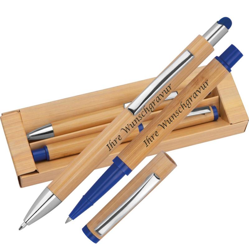 Schreibset aus Bambus mit Gravur / Kugelschreiber und Tintenroller / Farbe: blau