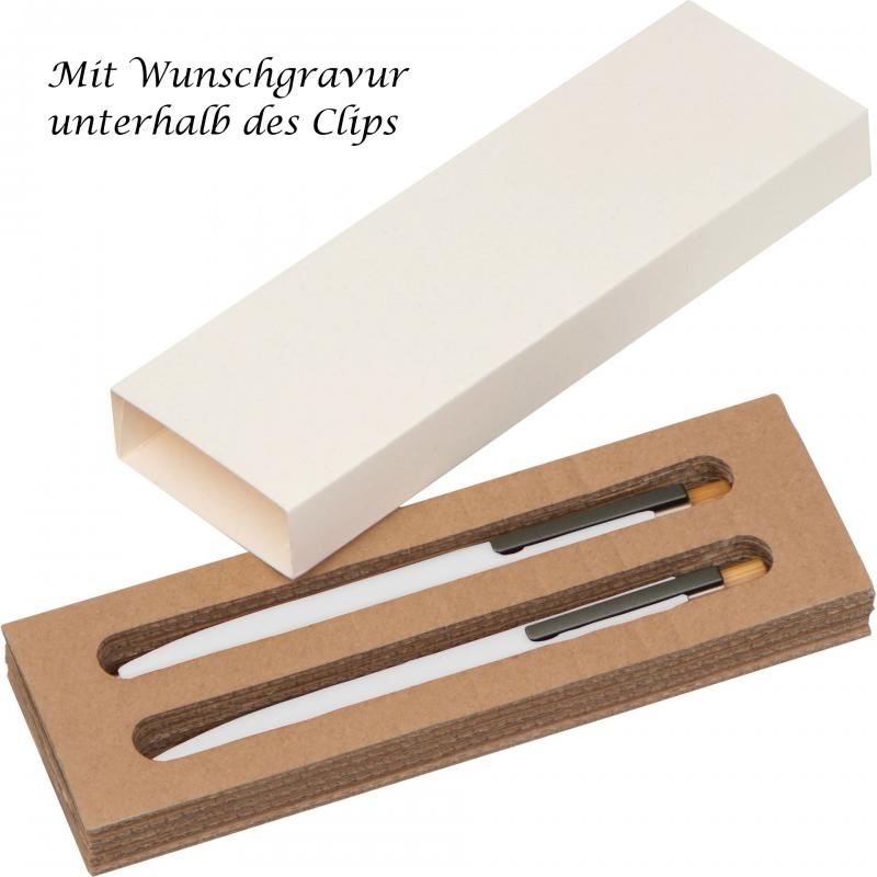 Schreibset mit Kugelschreiber und Druckbleistift aus Metall mit Gravur / weiß