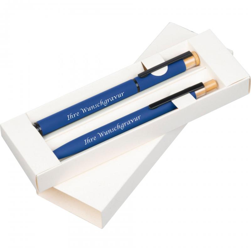 Schreibset mit Kugelschreiber und Rollerball aus Metall mit Gravur / Farbe: blau