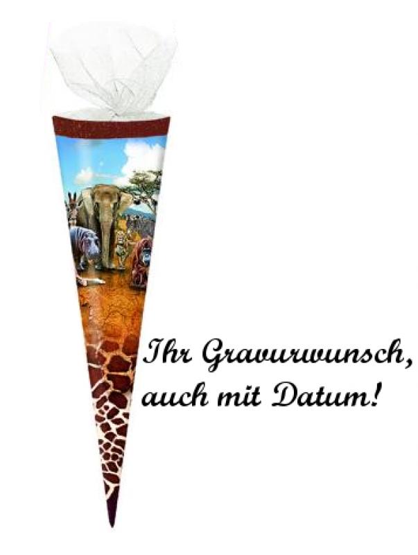 Schultüte mit Namensgravur - 35cm - rund - Tüllverschluss - "Safari"