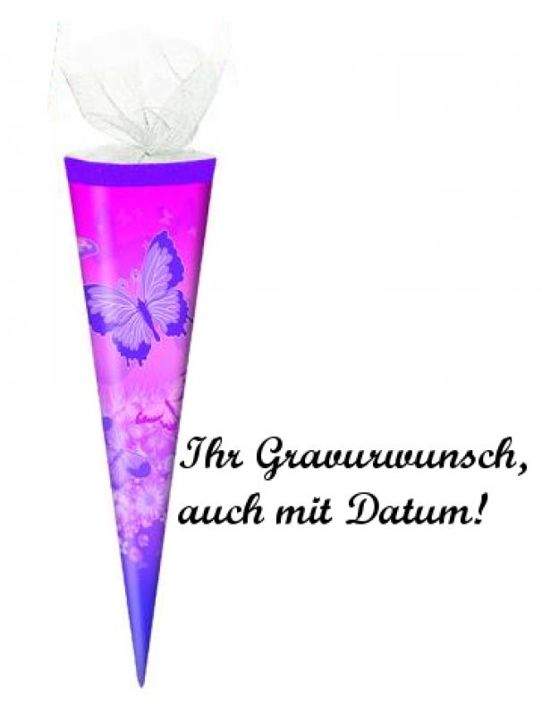 Schultüte mit Namensgravur - 35cm rund - Tüllverschluss - "Schmetterling"