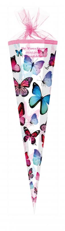 Schultüte mit pinkgefärbter Gravur / Zuckertüte / 85cm / eckig / Schmetterlinge