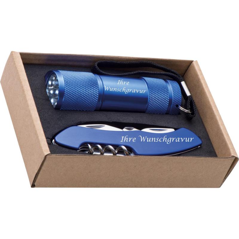 Set bestehend aus Taschenlampe und Taschenmesser mit Gravur / Farbe: blau