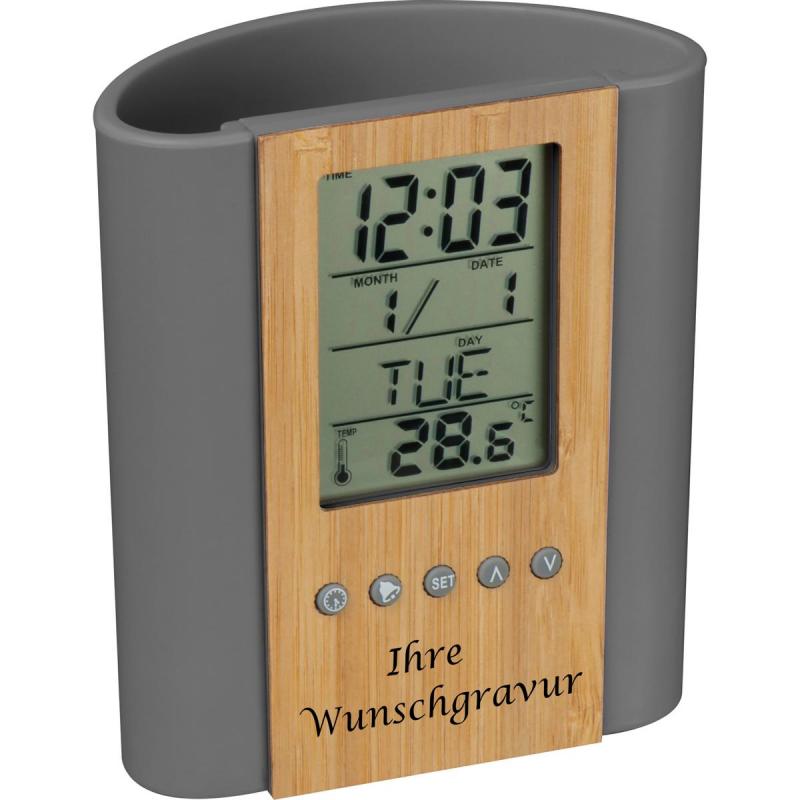 Stifteköcher mit Uhr, Thermometer, Kalender, Wecker, Timer mit Gravur