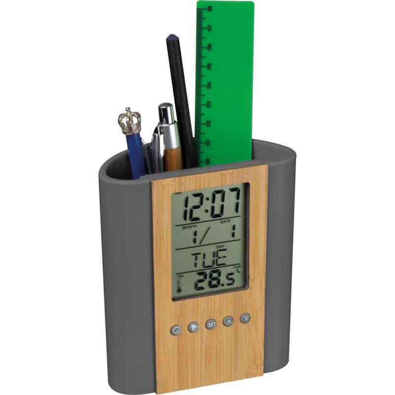 Stifteköcher mit Uhr, Thermometer, Kalender, Wecker, Timer mit Gravur