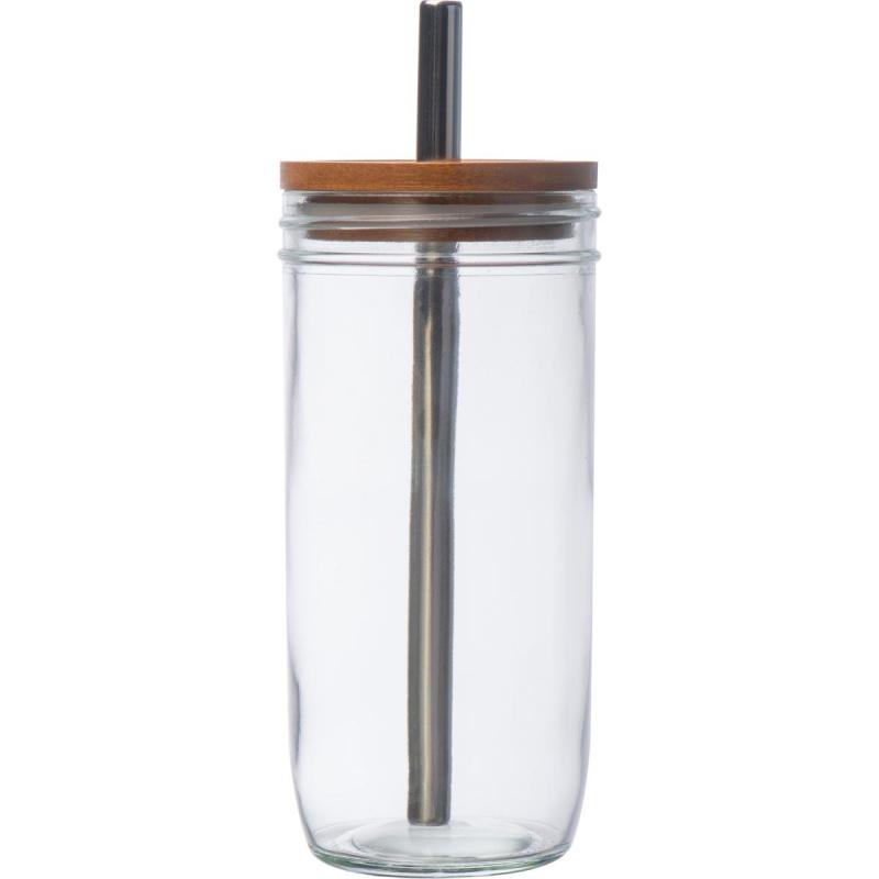 Trinkbecher aus Glas mit Gravur / mit Bambusdeckel und Trinkhalm / 650ml