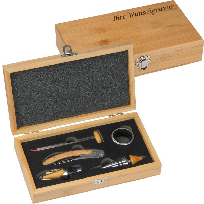 Weinset in edler Holzbox mit Gravur / mit Kellnermesser, Tropfring, Thermometer