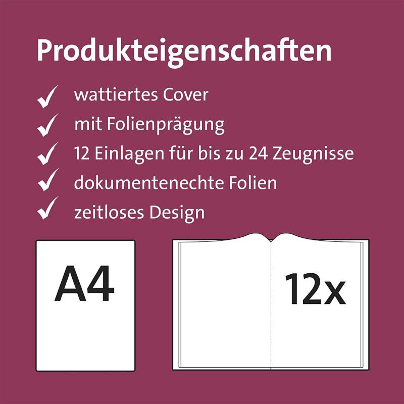 Zeugnismappe mit Gravur / A4 / wattiertes Cover / mit 12 Hüllen / Farbe: pink