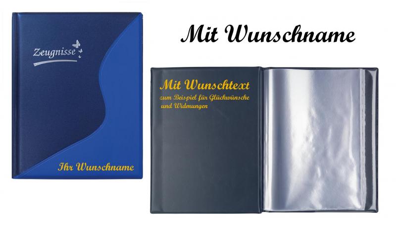 Zeugnismappe mit Namensgravur und Widmung - mit 12 Hüllen - Farbe: metallic blau